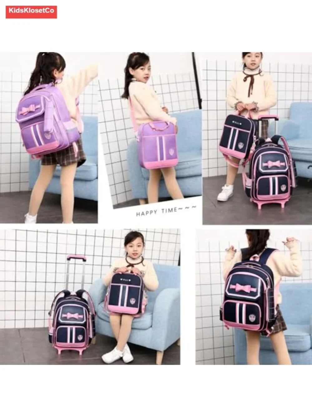 Rolling Backpack for Girls Kids Wheeled Bookbag with Lunch Bag Trolley School